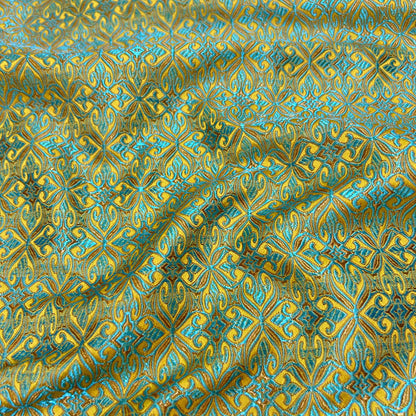 Green Geometric Jacquard Brocade - Intricate Woven Shimmer Textile