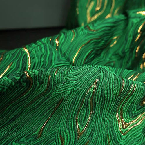 Emerald Green Wavy Metallic Embossed Brocade - Shiny Jacquard Embroidery