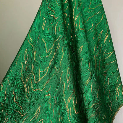 Emerald Green Wavy Metallic Embossed Brocade - Shiny Jacquard Embroidery