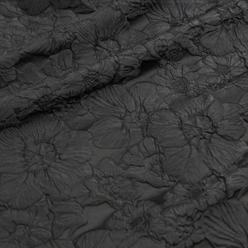 Floral Embossed Brocade - Black 3D Flower Fabric For Dressmaking