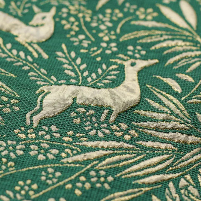 Green 3D Metallic Jacquard - Deer and Leaf Pattern Embossed Brocade