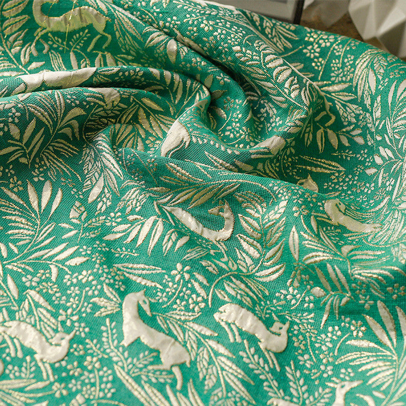 Green 3D Metallic Jacquard - Deer and Leaf Pattern Embossed Brocade