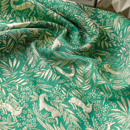Green 3D Metallic Jacquard - Deer and Leaf Pattern Embossed Brocade