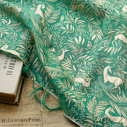 Green 3D Metallic Jacquard - Deer and Leaf Pattern Embossed Brocade