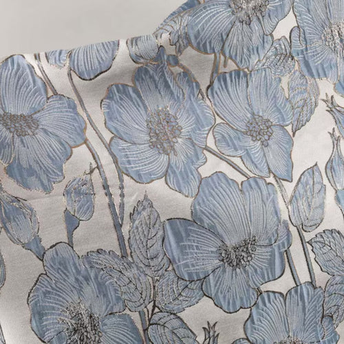 Blue Floral Metallic Brocade - Shiny Textured Jacquard Designer Fabric