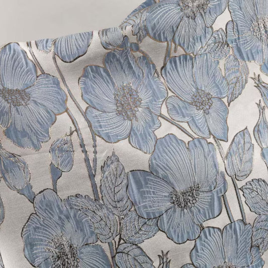 Blue Floral Metallic Brocade - Shiny Textured Jacquard Designer Fabric