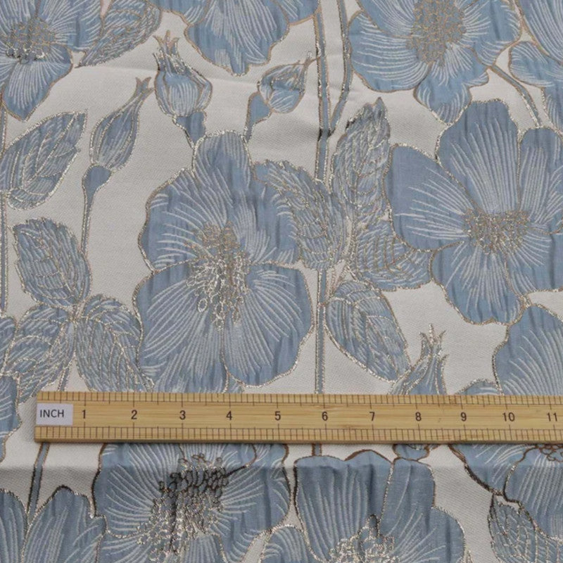 Blue Floral Metallic Brocade - Shiny Textured Jacquard Designer Fabric