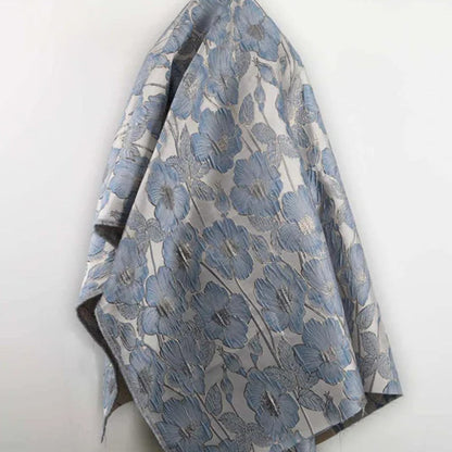 Blue Floral Metallic Brocade - Shiny Textured Jacquard Designer Fabric