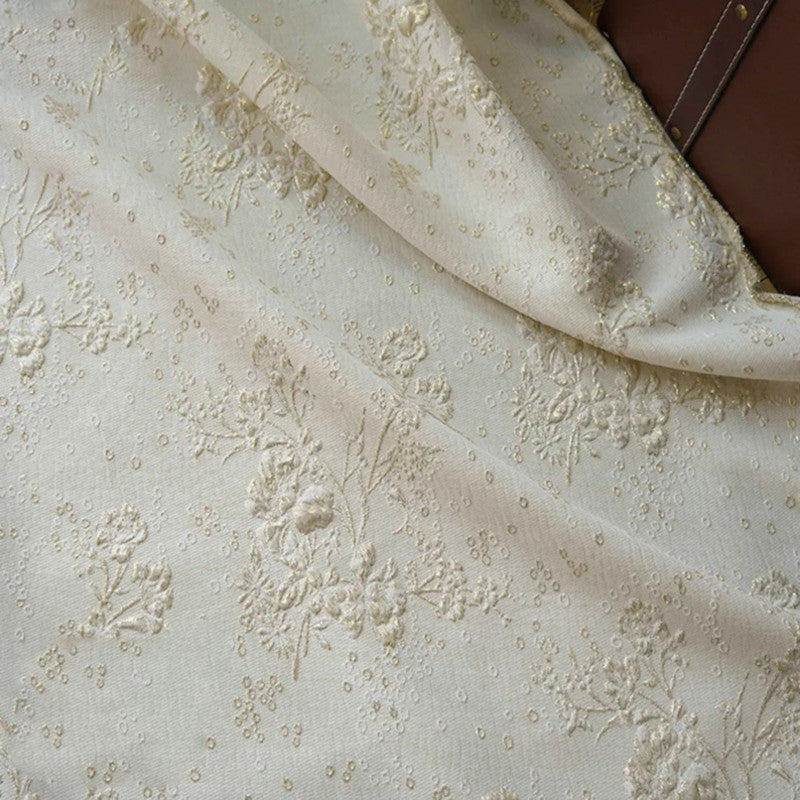 Floral Textured Embossed Brocade - Ivory Shiny 3D Jacquard Fabric