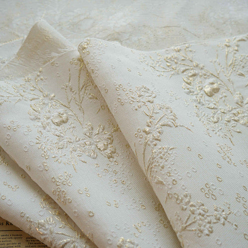 Floral Textured Embossed Brocade - Ivory Shiny 3D Jacquard Fabric