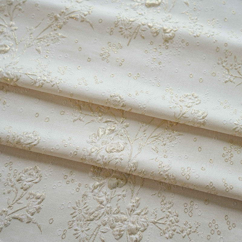 Floral Textured Embossed Brocade - Ivory Shiny 3D Jacquard Fabric