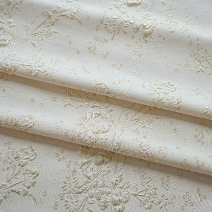Floral Textured Embossed Brocade - Ivory Shiny 3D Jacquard Fabric