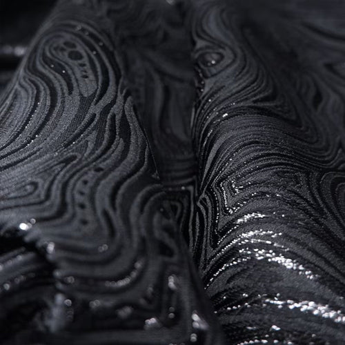 Water Ripple Textured Brocade - Glitter Black Geometric Woven Textile
