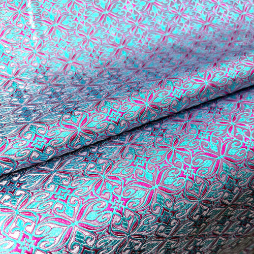 Teal Geometric Brocade - Metallic Damask Check Jacquard