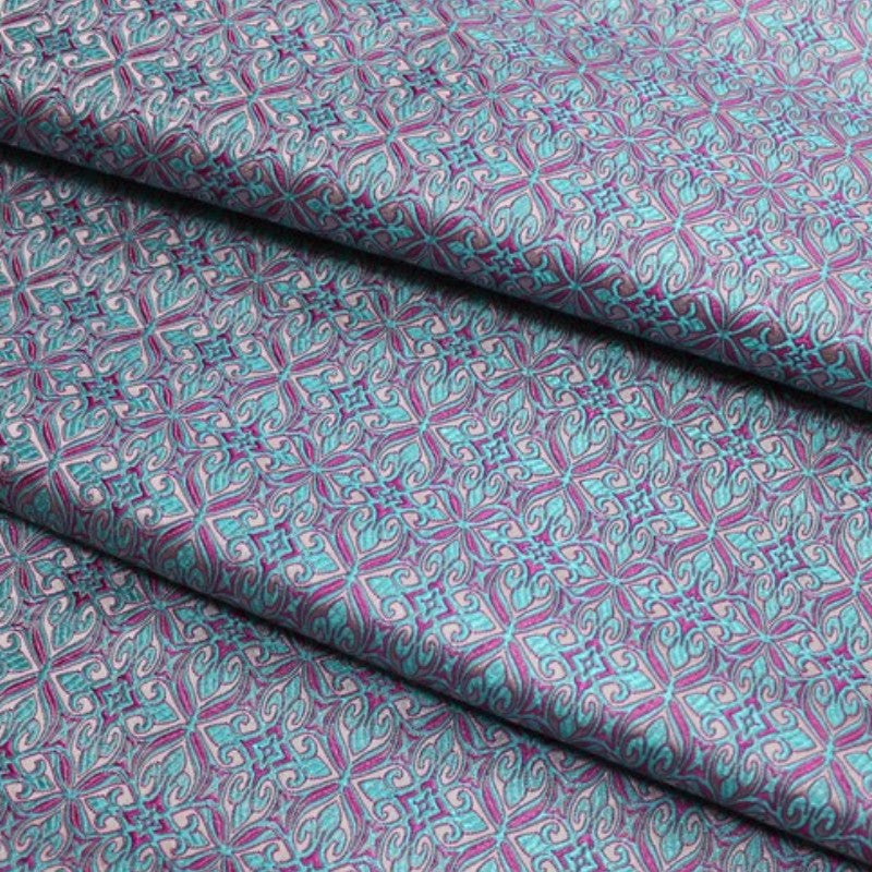 Teal Geometric Brocade - Metallic Damask Check Jacquard