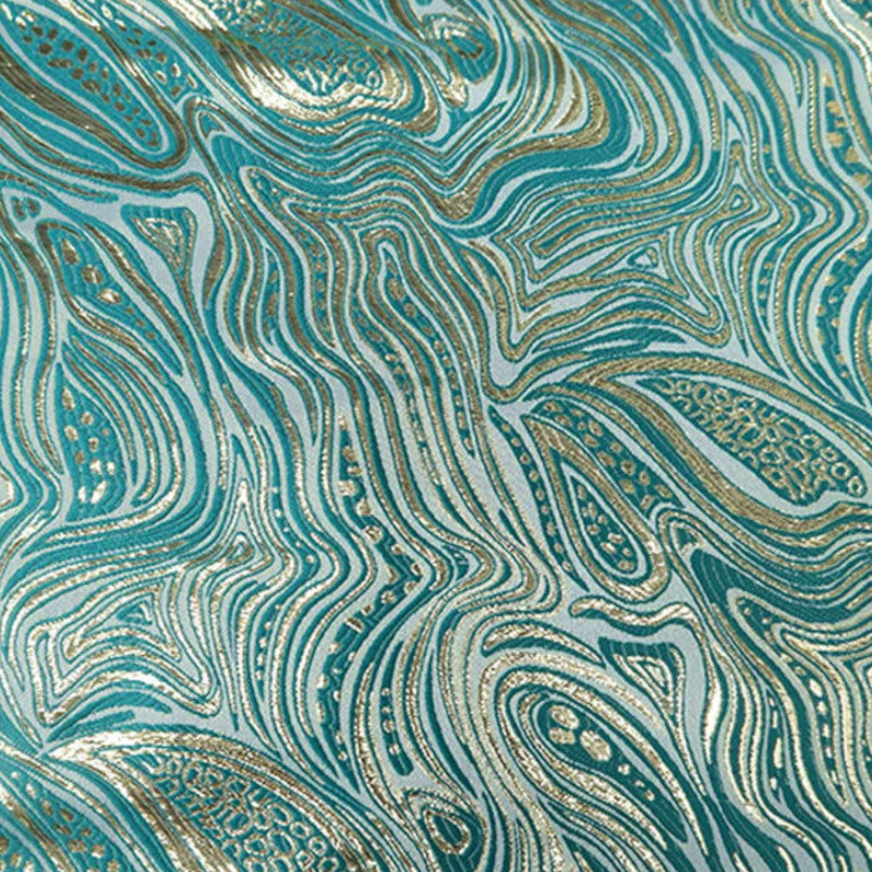 Metallic Geometric Embossed Brocade - Teal Gold Water Ripple Textured