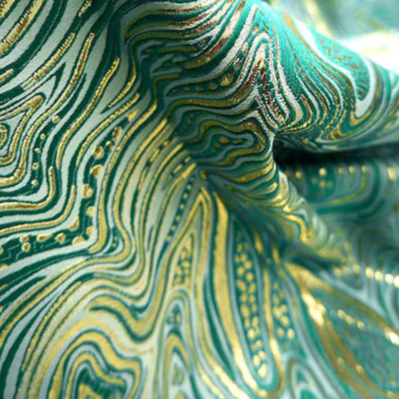Metallic Geometric Embossed Brocade - Teal Gold Water Ripple Textured