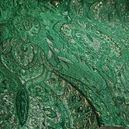 3D Damask Textured Brocade - Green Metallic Shiny Embossed Jacquard