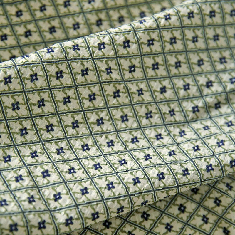 Green Geometric Crinkle Cotton - Thin Slightly-Textured Bubble Gauze