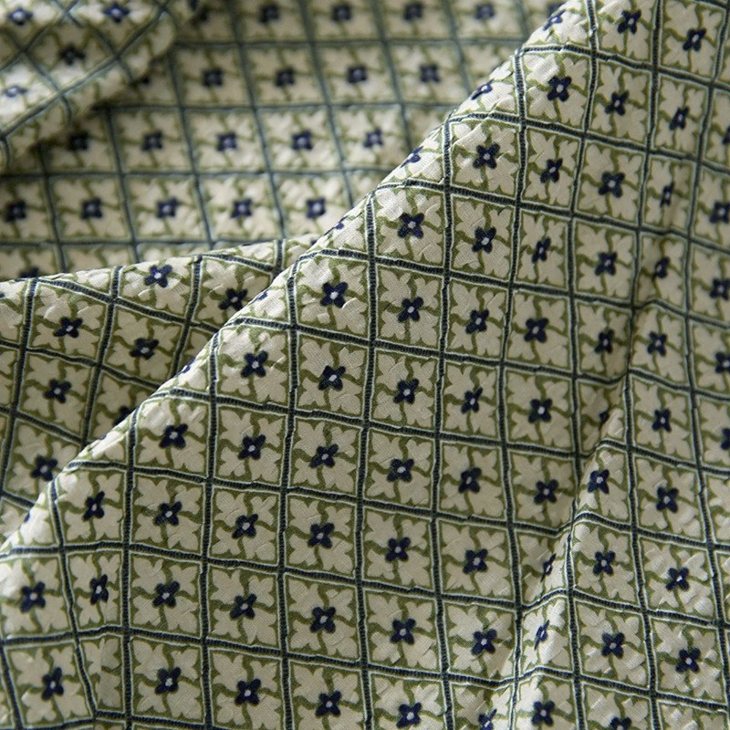 Green Geometric Crinkle Cotton - Thin Slightly-Textured Bubble Gauze