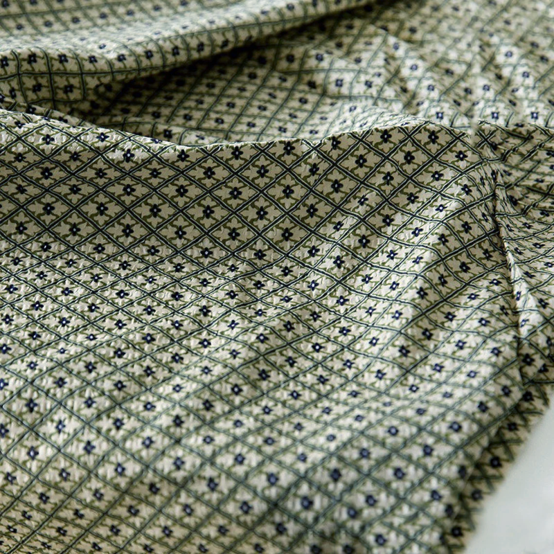 Green Geometric Crinkle Cotton - Thin Slightly-Textured Bubble Gauze