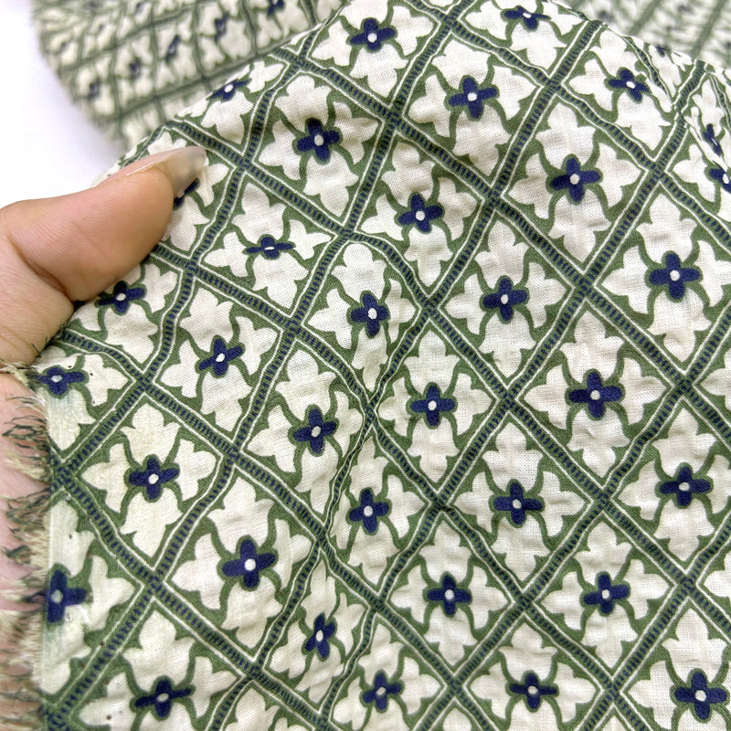 Green Geometric Crinkle Cotton - Thin Slightly-Textured Bubble Gauze