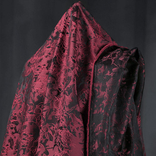 Burgundy Red Jacquard Embroidered Brocade – Embossed Floral Fabric